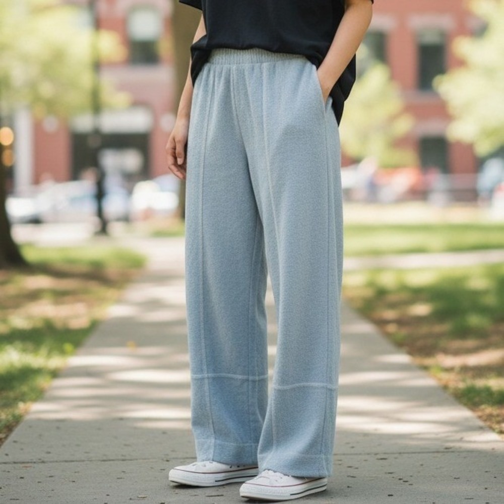 Free People Beach Ella Pants Women Medium Blue Terry Cloth Wide Leg Seam Detail